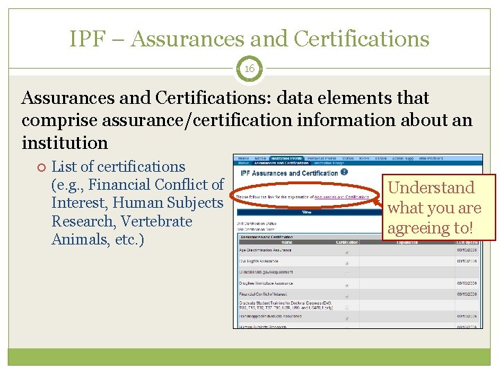 IPF – Assurances and Certifications 16 Assurances and Certifications: data elements that comprise assurance/certification