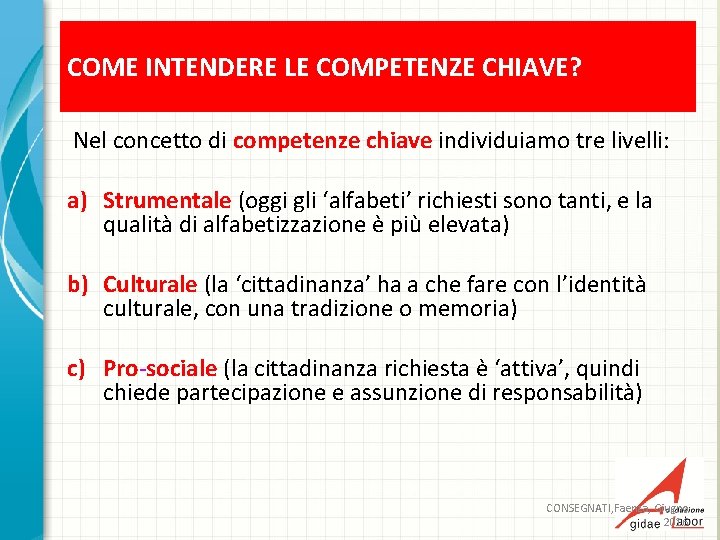 COME INTENDERE LE COMPETENZE CHIAVE? Nel concetto di competenze chiave individuiamo tre livelli: a)