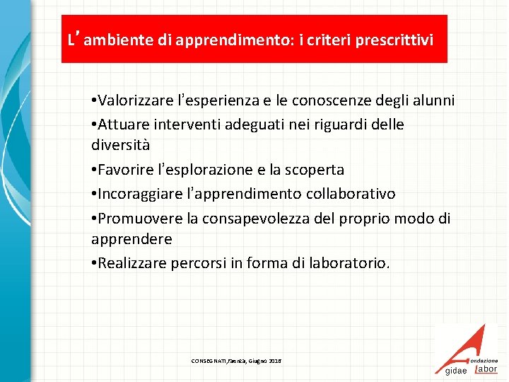 L’ambiente di apprendimento: i criteri prescrittivi • Valorizzare l’esperienza e le conoscenze degli alunni