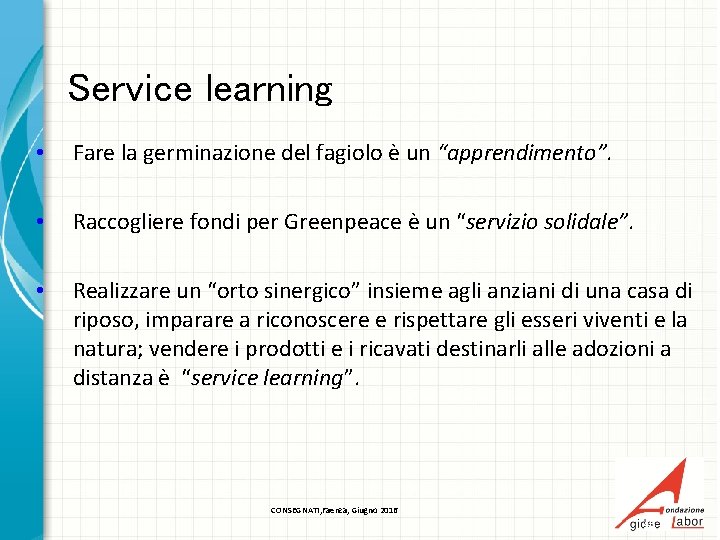 Service learning • Fare la germinazione del fagiolo è un “apprendimento”. • Raccogliere fondi