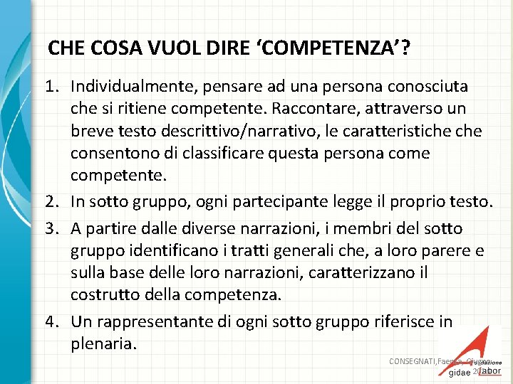 CHE COSA VUOL DIRE ‘COMPETENZA’? 1. Individualmente, pensare ad una persona conosciuta che si