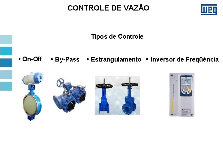 CONTROLE DE VAZÃO Tipos de Controle • On-Off • By-Pass • Estrangulamento • Inversor