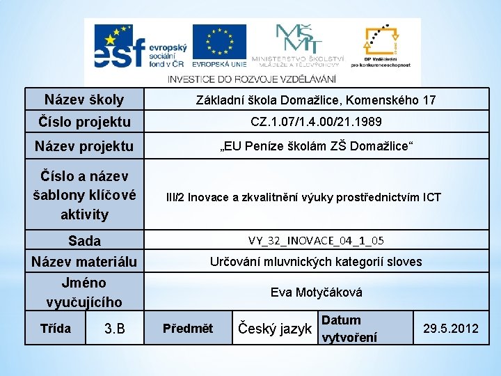 Název školy Základní škola Domažlice, Komenského 17 Číslo projektu CZ. 1. 07/1. 4. 00/21.