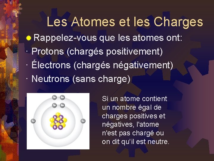 Les Atomes et les Charges ® Rappelez-vous que les atomes ont: · Protons (chargés