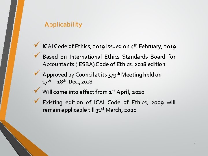 Applicability ü ICAI Code of Ethics, 2019 issued on 4 th February, 2019 ü