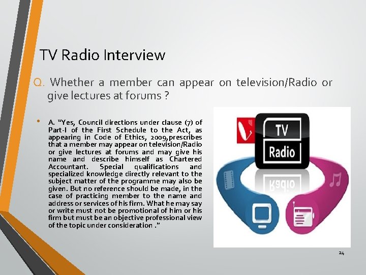 TV Radio Interview Q. Whether a member can appear on television/Radio or give lectures