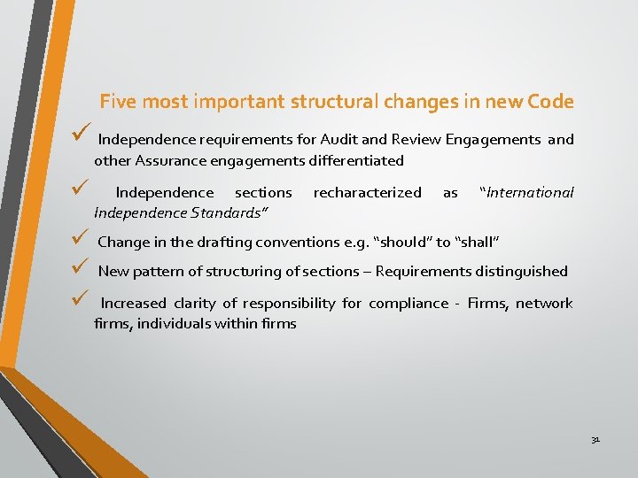 Five most important structural changes in new Code ü Independence requirements for Audit and