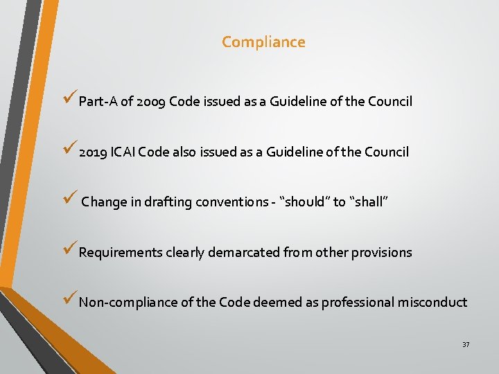 Compliance üPart-A of 2009 Code issued as a Guideline of the Council ü 2019