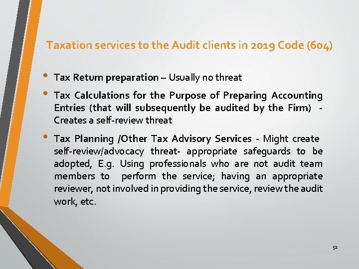 Taxation services to the Audit clients in 2019 Code (604) • • Tax Return