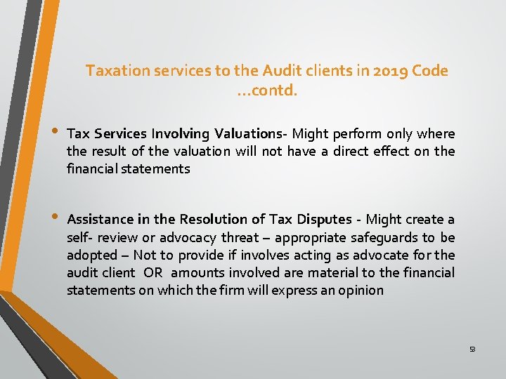 Taxation services to the Audit clients in 2019 Code …contd. • Tax Services Involving