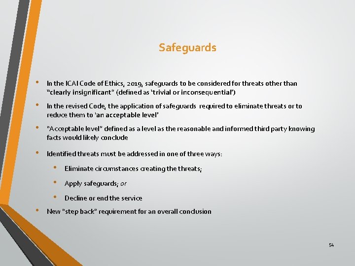 Safeguards • In the ICAI Code of Ethics, 2019, safeguards to be considered for