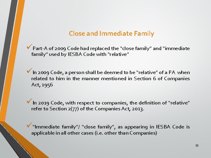 Close and Immediate Family üPart-A of 2009 Code had replaced the “close family” and