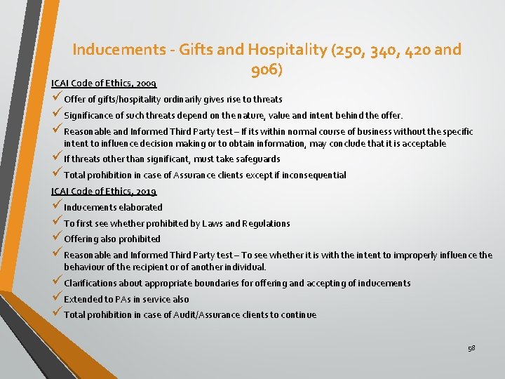 Inducements - Gifts and Hospitality (250, 340, 420 and 906) ICAI Code of Ethics,