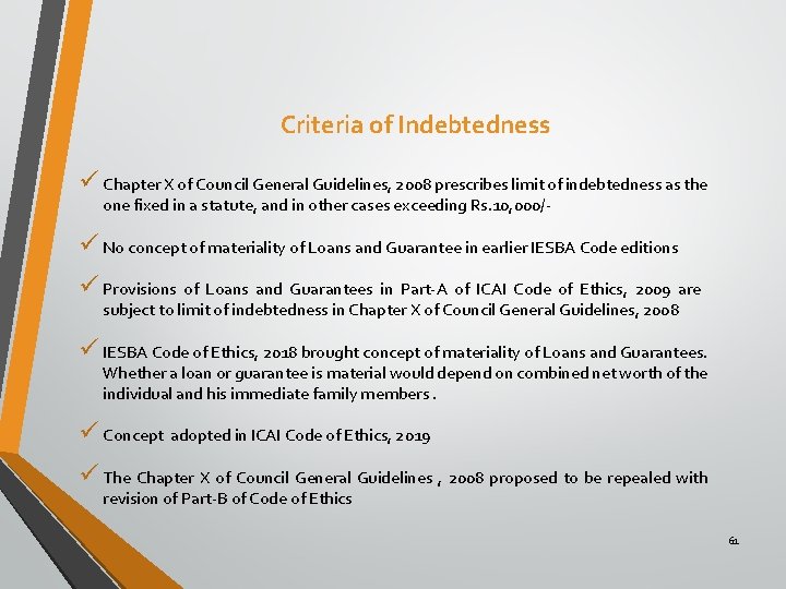 Criteria of Indebtedness ü Chapter X of Council General Guidelines, 2008 prescribes limit of