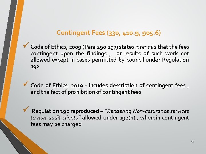 Contingent Fees (330, 410. 9, 905. 6) ü Code of Ethics, 2009 (Para 290.