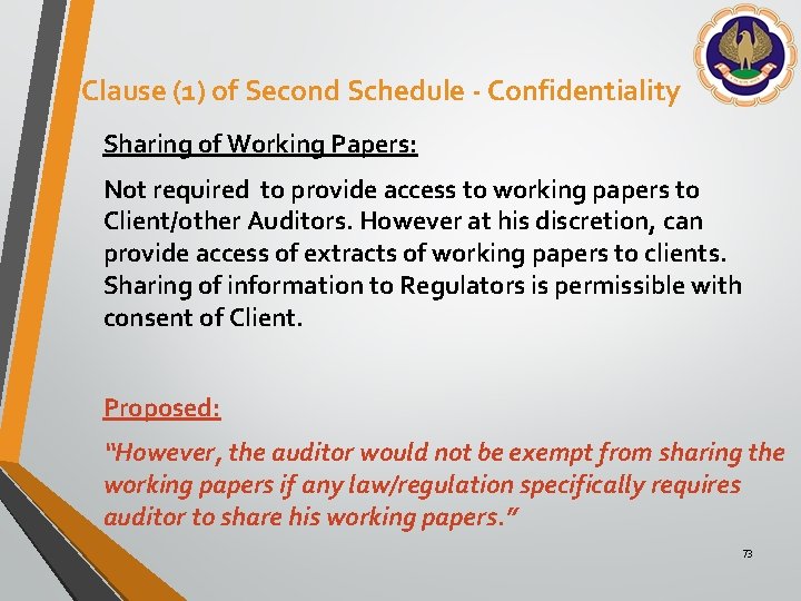 Clause (1) of Second Schedule - Confidentiality Sharing of Working Papers: Not required to