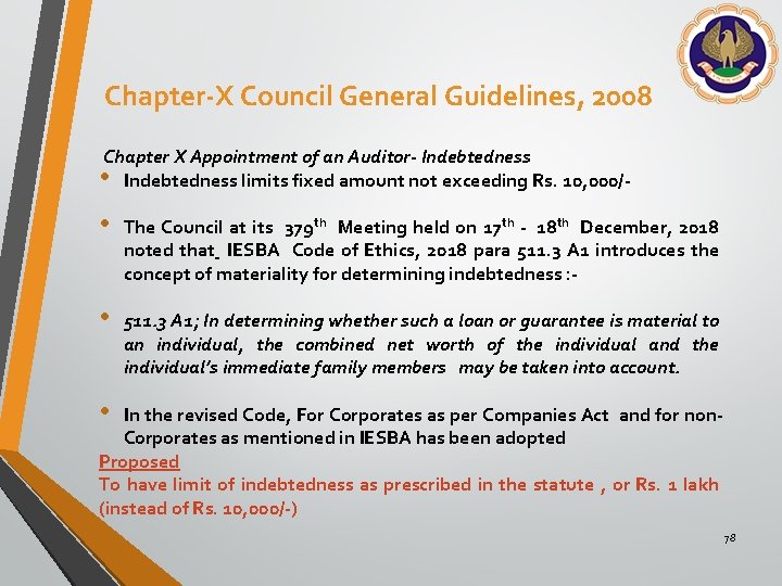 Chapter-X Council General Guidelines, 2008 Chapter X Appointment of an Auditor- Indebtedness • Indebtedness