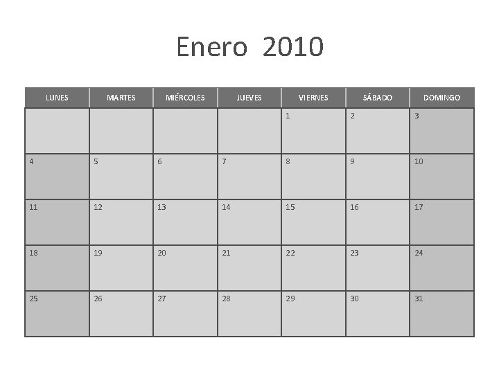 Enero 2010 LUNES MARTES MIÉRCOLES JUEVES VIERNES SÁBADO DOMINGO 1 2 3 4 5