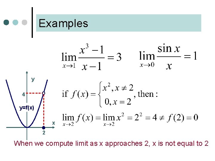 Examples y 4 y=f(x) x 2 When we compute limit as x approaches 2,