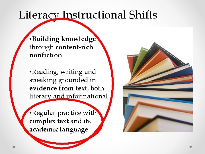 Literacy Instructional Shifts • Building knowledge through content-rich nonfiction • Reading, writing and speaking