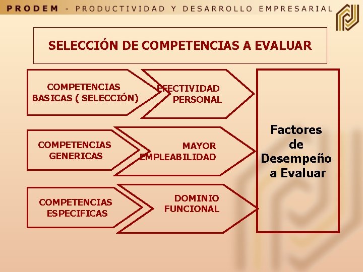 SELECCIÓN DE COMPETENCIAS A EVALUAR COMPETENCIAS BASICAS ( SELECCIÓN) COMPETENCIAS GENERICAS COMPETENCIAS ESPECIFICAS EFECTIVIDAD