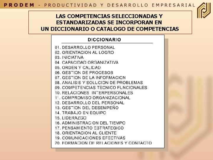 LAS COMPETENCIAS SELECCIONADAS Y ESTANDARIZADAS SE INCORPORAN EN UN DICCIONARIO O CATALOGO DE COMPETENCIAS