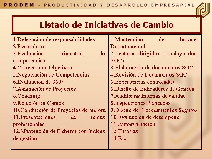 Listado de Iniciativas de Cambio 1. Delegación de responsabilidades 2. Reemplazos 3. Evaluación trimestral