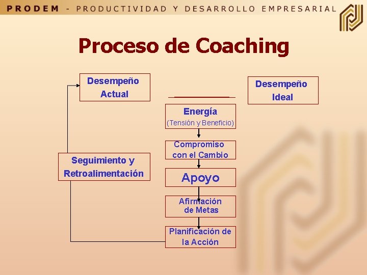 Proceso de Coaching Desempeño Actual Desempeño Ideal Energía (Tensión y Beneficio) Seguimiento y Retroalimentación