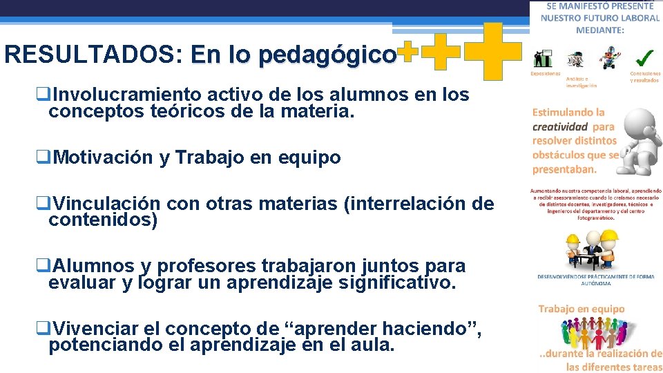 RESULTADOS: En lo pedagógico q. Involucramiento activo de los alumnos en los conceptos teóricos