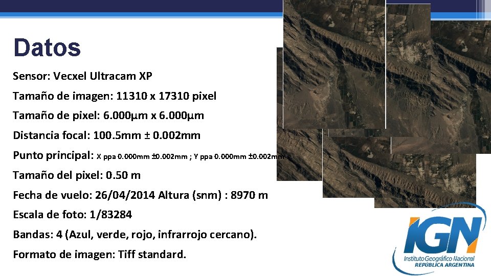 Datos Sensor: Vecxel Ultracam XP Tamaño de imagen: 11310 x 17310 pixel Tamaño de