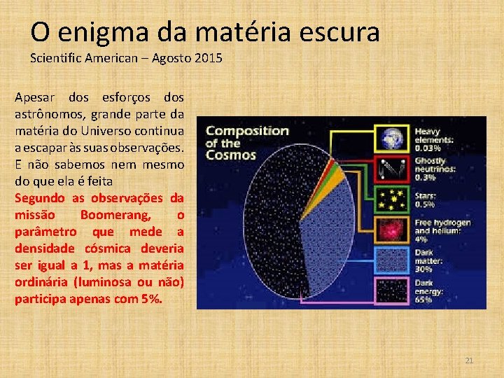 O enigma da matéria escura Scientific American – Agosto 2015 Apesar dos esforços dos