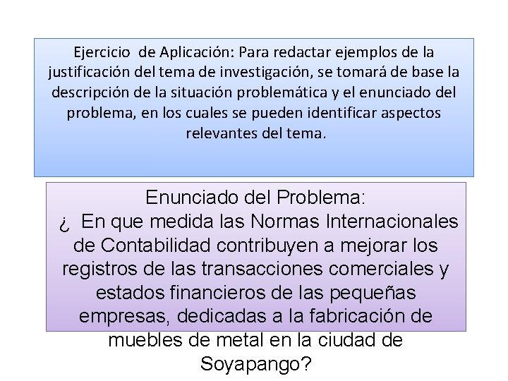 Ejercicio de Aplicación: Para redactar ejemplos de la justificación del tema de investigación, se