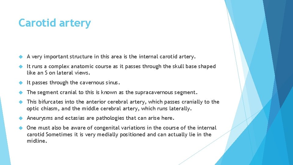 Carotid artery A very important structure in this area is the internal carotid artery.