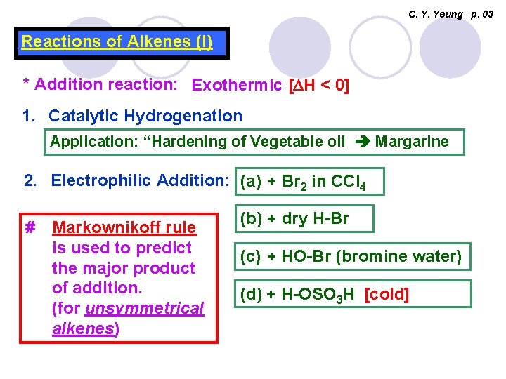 C. Y. Yeung p. 03 Reactions of Alkenes (I) * Addition reaction: Exothermic [DH