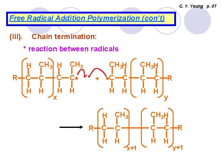 C. Y. Yeung p. 07 Free Radical Addition Polymerization (con’t) (iii). Chain termination: *