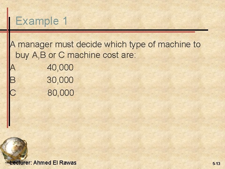 Example 1 A manager must decide which type of machine to buy A, B