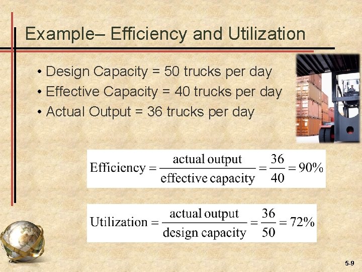 Example– Efficiency and Utilization • Design Capacity = 50 trucks per day • Effective