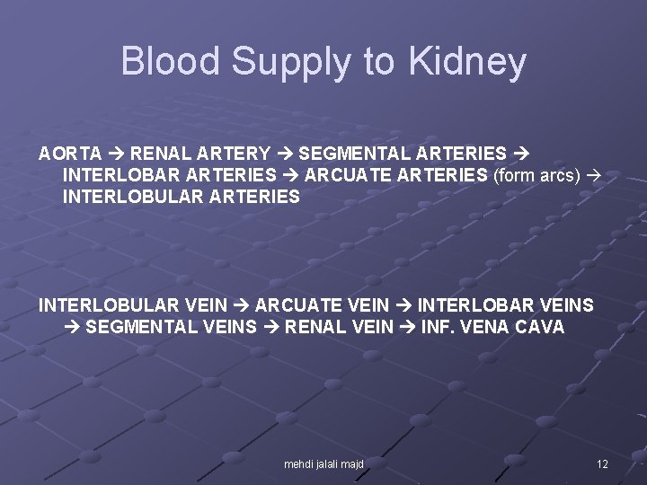 Blood Supply to Kidney AORTA RENAL ARTERY SEGMENTAL ARTERIES INTERLOBAR ARTERIES ARCUATE ARTERIES (form