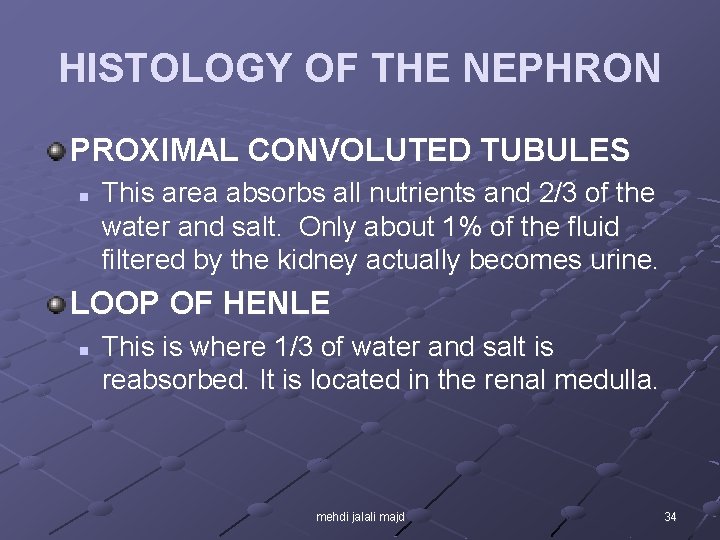 HISTOLOGY OF THE NEPHRON PROXIMAL CONVOLUTED TUBULES n This area absorbs all nutrients and