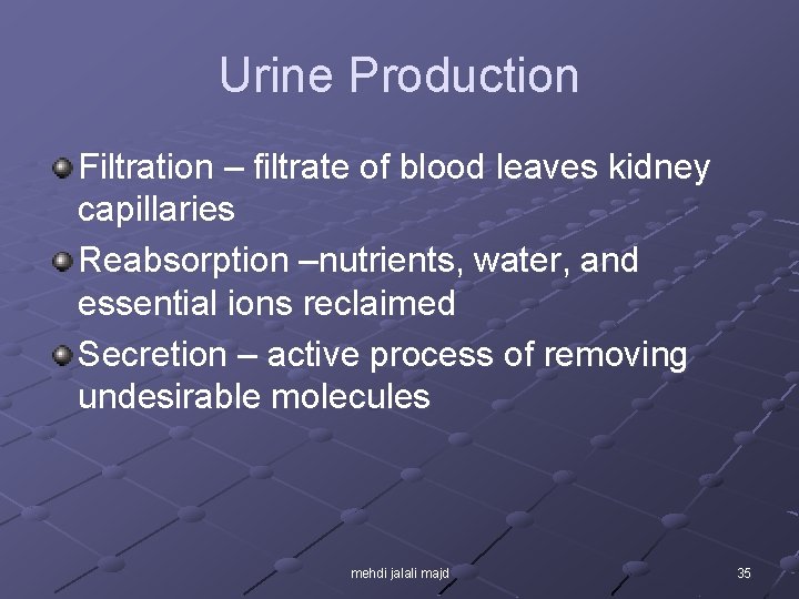 Urine Production Filtration – filtrate of blood leaves kidney capillaries Reabsorption –nutrients, water, and