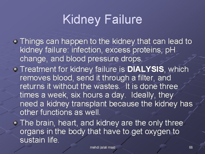 Kidney Failure Things can happen to the kidney that can lead to kidney failure: