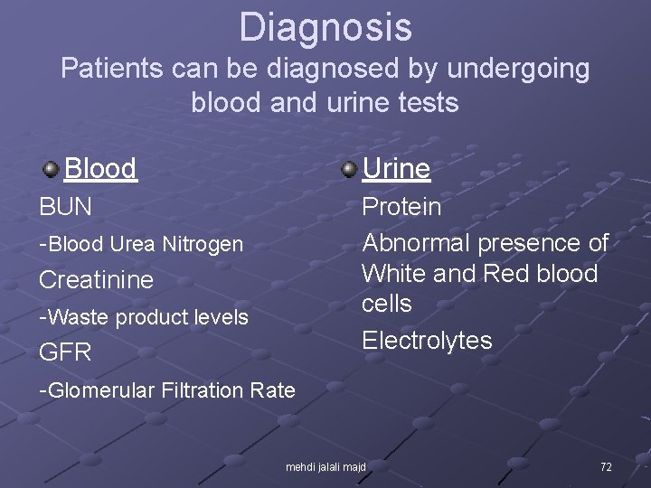 Diagnosis Patients can be diagnosed by undergoing blood and urine tests Blood Urine BUN