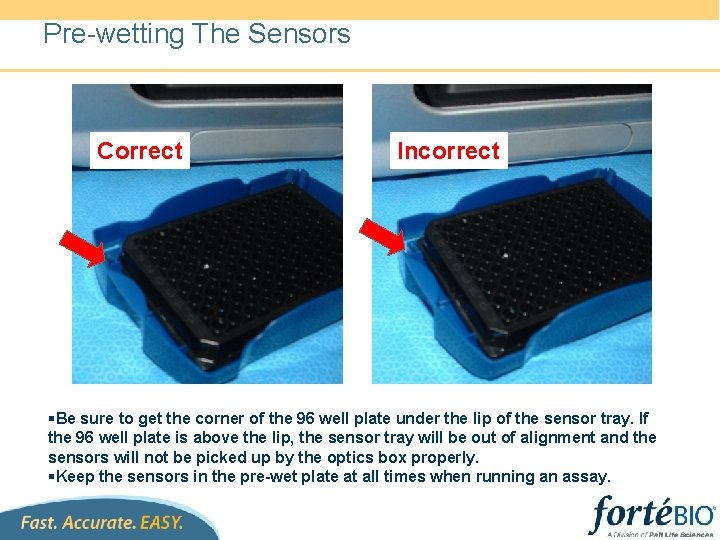 Pre-wetting The Sensors Correct Incorrect §Be sure to get the corner of the 96