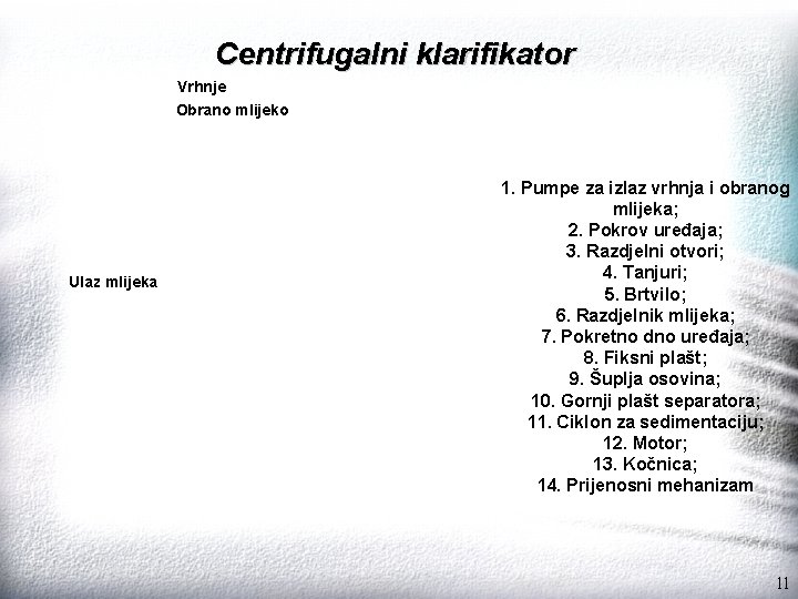 Centrifugalni klarifikator Vrhnje Obrano mlijeko Ulaz mlijeka 1. Pumpe za izlaz vrhnja i obranog