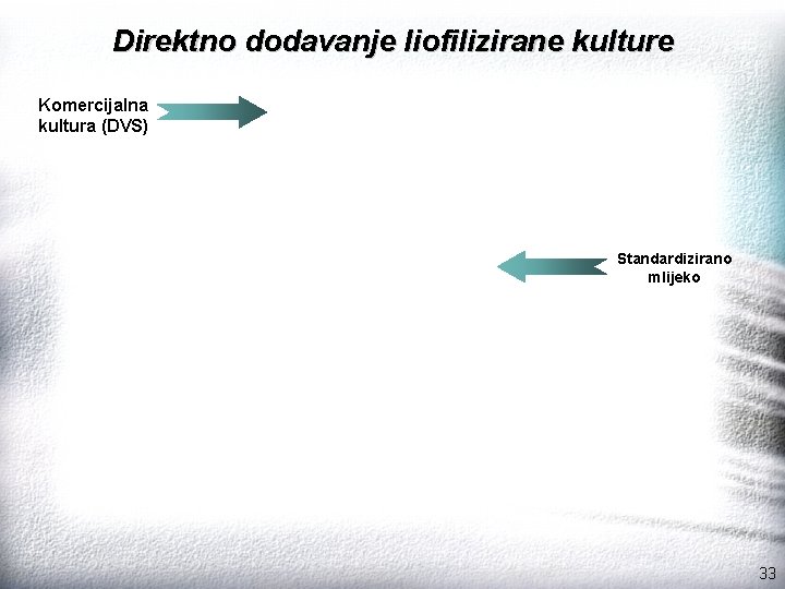 Direktno dodavanje liofilizirane kulture Komercijalna kultura (DVS) Standardizirano mlijeko 33 