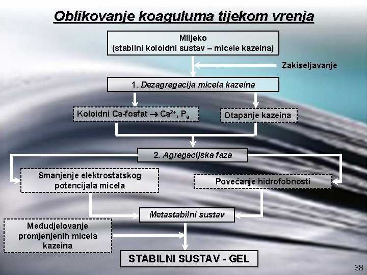 Oblikovanje koaguluma tijekom vrenja Mlijeko (stabilni koloidni sustav – micele kazeina) Zakiseljavanje 1. Dezagregacija