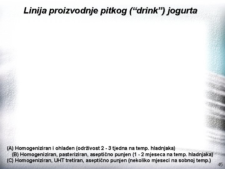 Linija proizvodnje pitkog (“drink”) jogurta (A) Homogeniziran i ohlađen (održivost 2 - 3 tjedna