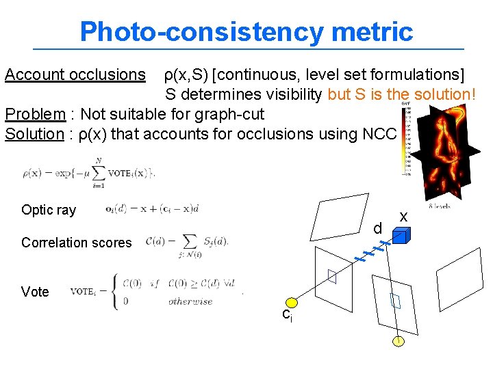 Photo-consistency metric Account occlusions ρ(x, S) [continuous, level set formulations] S determines visibility but