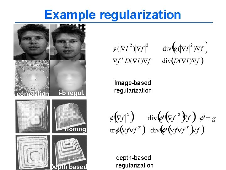Example regularization correlation i-b regul. Image-based regularization homog Depth based depth-based regularization 