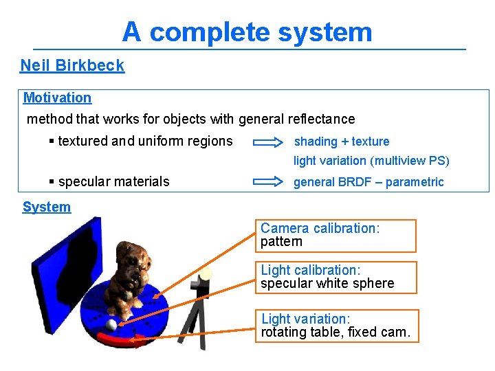 A complete system Neil Birkbeck Motivation method that works for objects with general reflectance